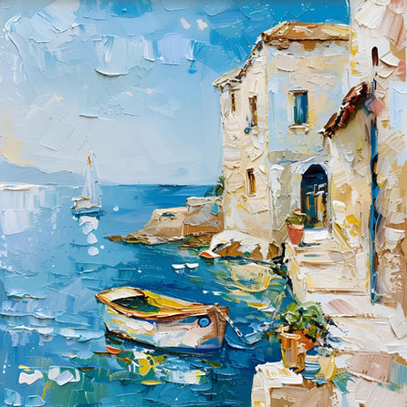 I moved to Mallorca from Kyiv. When the war started, I was in a very difficult emotional state. In the painting, the boat sits calmly in the calm waters of Mallorca and is being restored. After recovery, she can again easily and freely go to sea, like that sailboat. This is a metaphor for my condition and perhaps for other people who need to recover in order to move on with full sail.