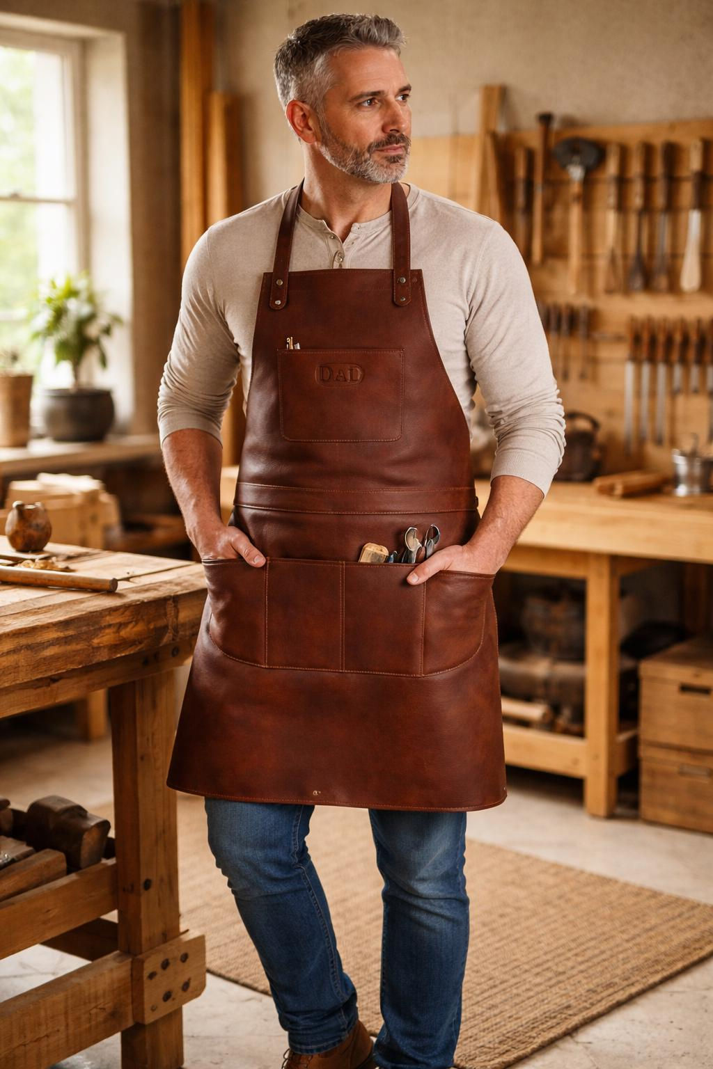 OliveTreeDesignFinds Personalized Brown Leather Apron Engraved Workshop BBQ Gift