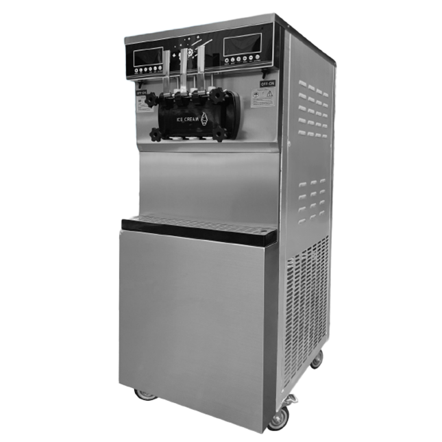 "A wide-angle perspective of the massive Ice Cream Machine-ICE50LS in a high-end commercial kitchen, highlighting its tall, s