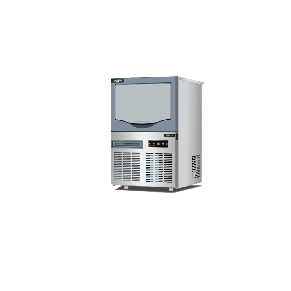 A front-facing studio shot of the Square Ice Maker-ICE100 in premium stainless steel. The heavy-duty storage bin is fully ope