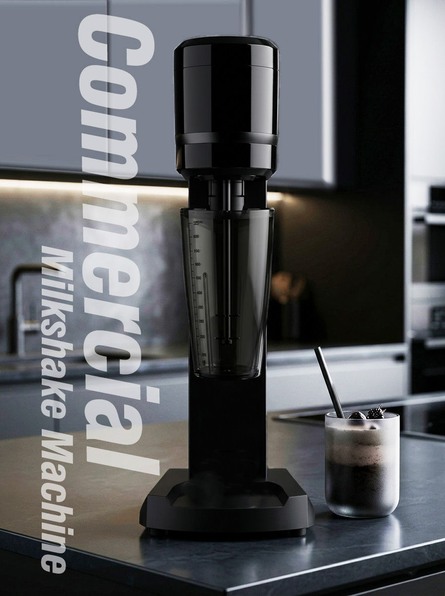 Thumbnail: Professional sleek black commercial milkshake machine with a transparent mixing cup and stainless steel spindle, designed for