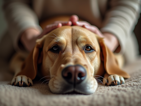 A dog /pet receiving reiki, calm and relaxed.