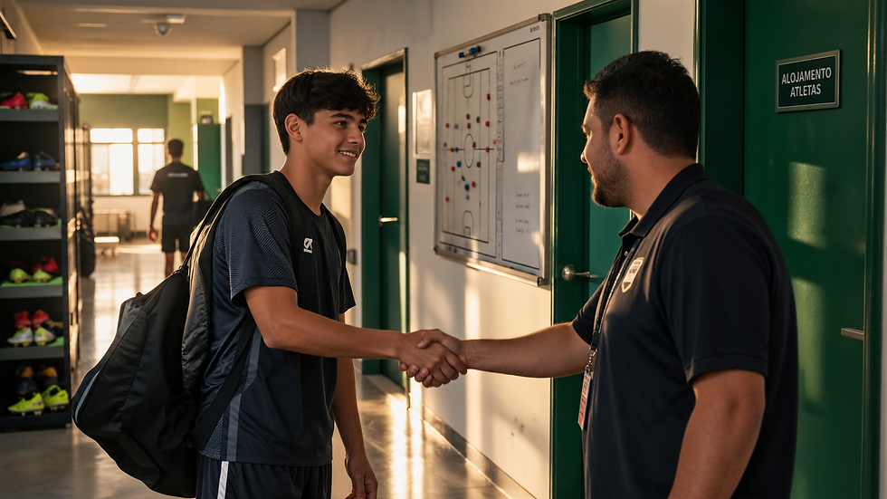 Atleta de futebol da base cumprimentando com respeito um membro da comissão técnica no corredor do alojamento do clube.