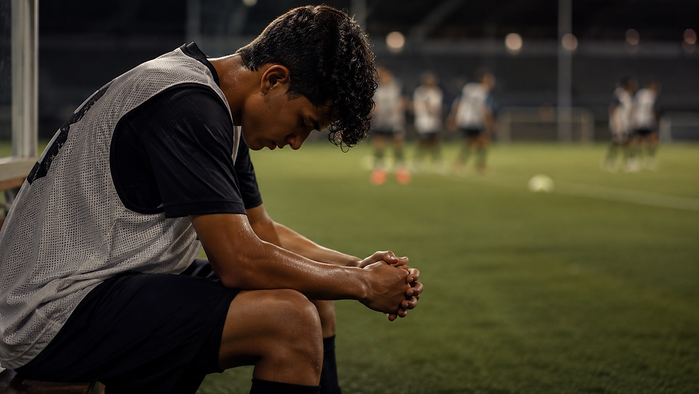 Atleta de futebol sentado à beira do campo com cabeça baixa e mãos entrelaçadas, representando o nervosismo excessivo antes de uma peneira — Avaliações Pelo Brasil