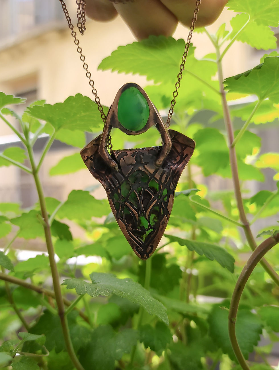 Thumbnail: Baba Yaga; Talisman in copper, duo of Chrysoprases and green onyx.