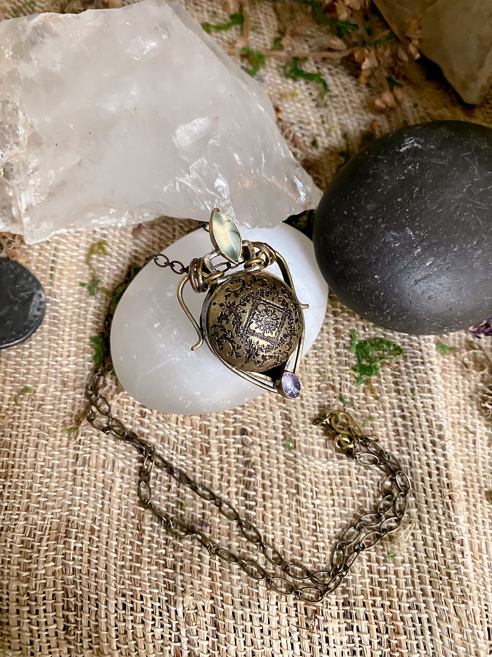 Thumbnail: Pandora's Locket-Brass, Gems of Prehnite, Tanzanite, Pink Tourmaline