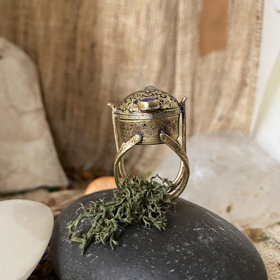 Thumbnail: Pandora's ring - brass, prehnite gems, tanzanite, blue tourmaline