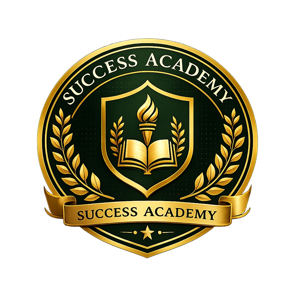 Success Academy shield with torch, open book, and gold laurel