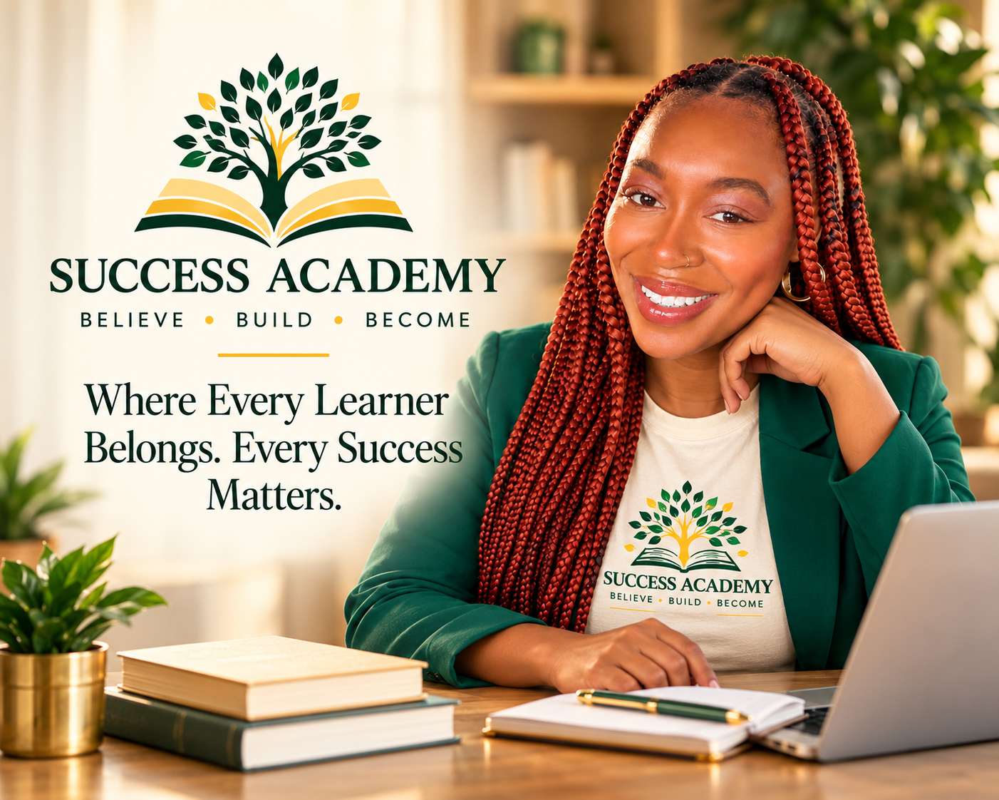 Success Academy homepage artwork featuring Michaela McGriff in an emerald blazer with copper-red braids. Where Every Learner Belongs. Every Success Matters.