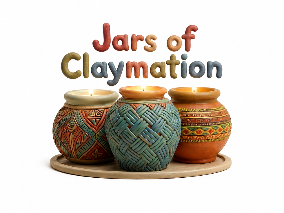 Jars of Claymation logo with three decorated clay jars