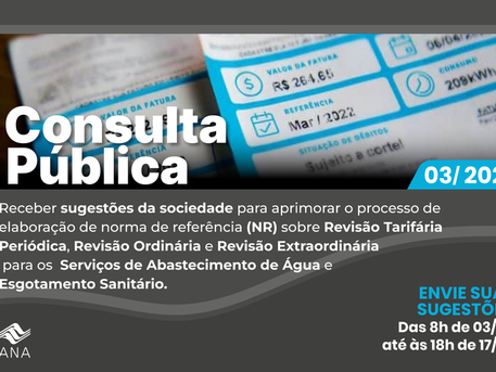 Começa a consulta pública sobre revisão tarifária para os serviços de abastecimento de água e esgotamento sanitário