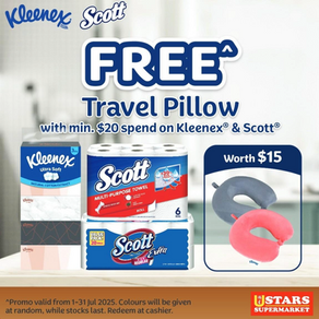 A special offer available at U Stars Supermarket !!! Minimum $20 spend on Kleenex & Scott can redeem free Travel Pillow !!!