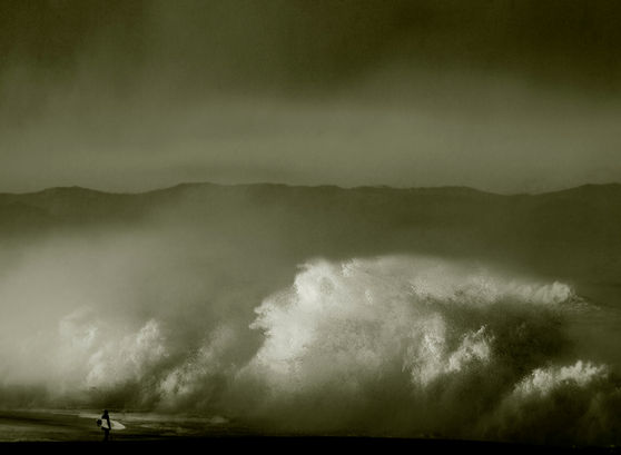 sepia fine-art surf photograph by Cristian Corradin
Surfer on the beach facing huge shore break
Hossegor, France