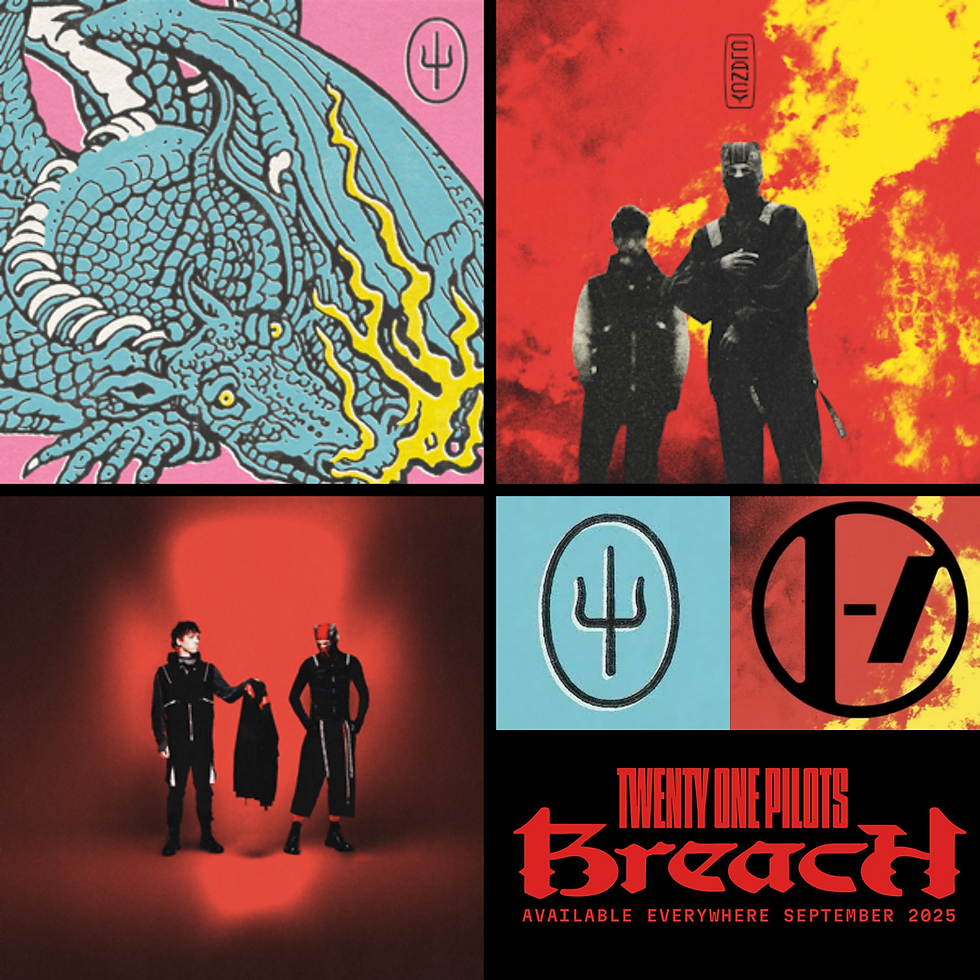 Top Left: "Scaled and Icy" album cover / Top Right: "Clancy" album cover / Bottom Left: "Breach" album cover / Bottom Right: "Scaled and Icy", "Clancy", and "Breach" logos