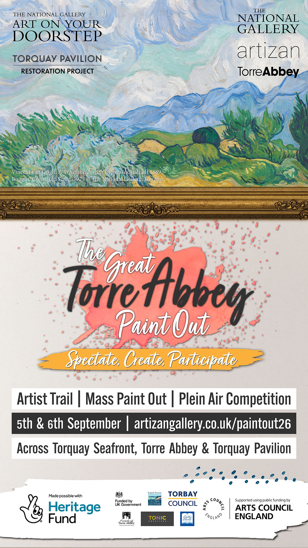 Art poster with Van Gogh landscape, promoting The Great Torre Abbey Paint Out in Torquay; dates, website, and sponsor logos below