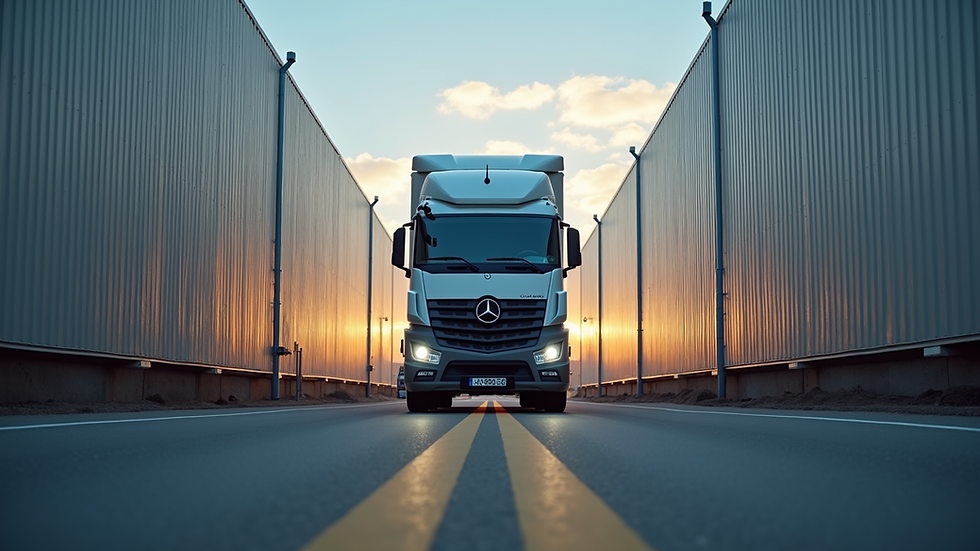 Eye-level view of a delivery truck parked at a warehouse