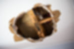 Hole in ceiling showing water and mold damage.