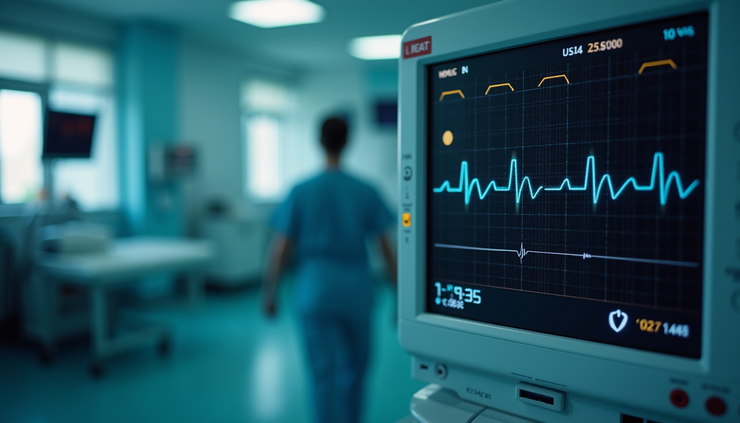 Close-up view of an emergency room ECG monitor displaying heart rhythm data