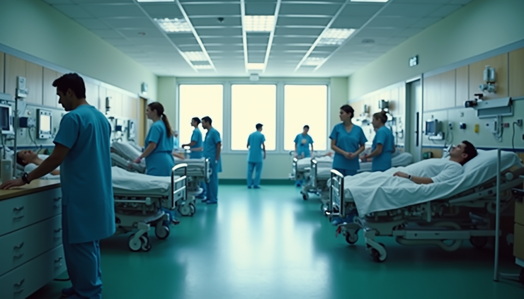 Eye-level view of an emergency department triage area with medical staff attending patients