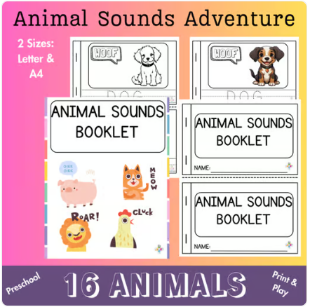 Animal Sounds Mini Book — Coloring & Name Tracing Booklet for Preschool