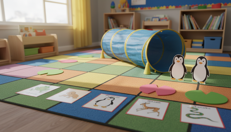Eye-level view of a simple preschool obstacle course with animal movement picture cards