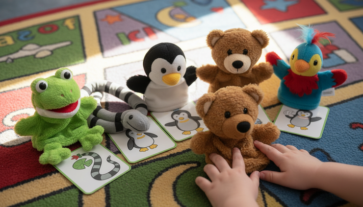 Close-up view of animal puppets beside movement word cards on a preschool rug