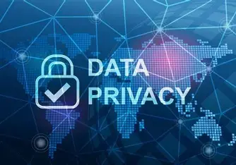 Lock icon with a check mark over a world map background, blue tones. Text reads "DATA PRIVACY." Digital network lines visible.