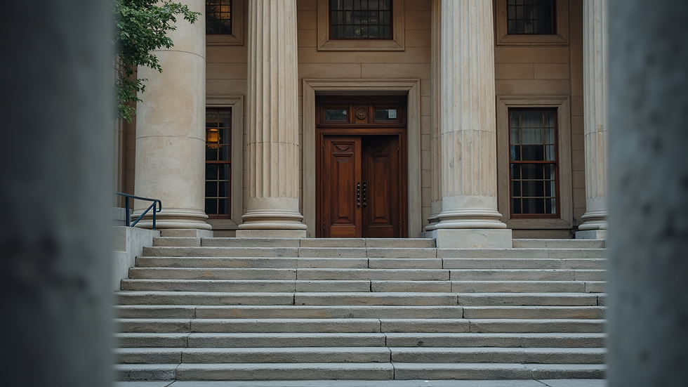 Eye-level view of courthouse entrance with steps leading up