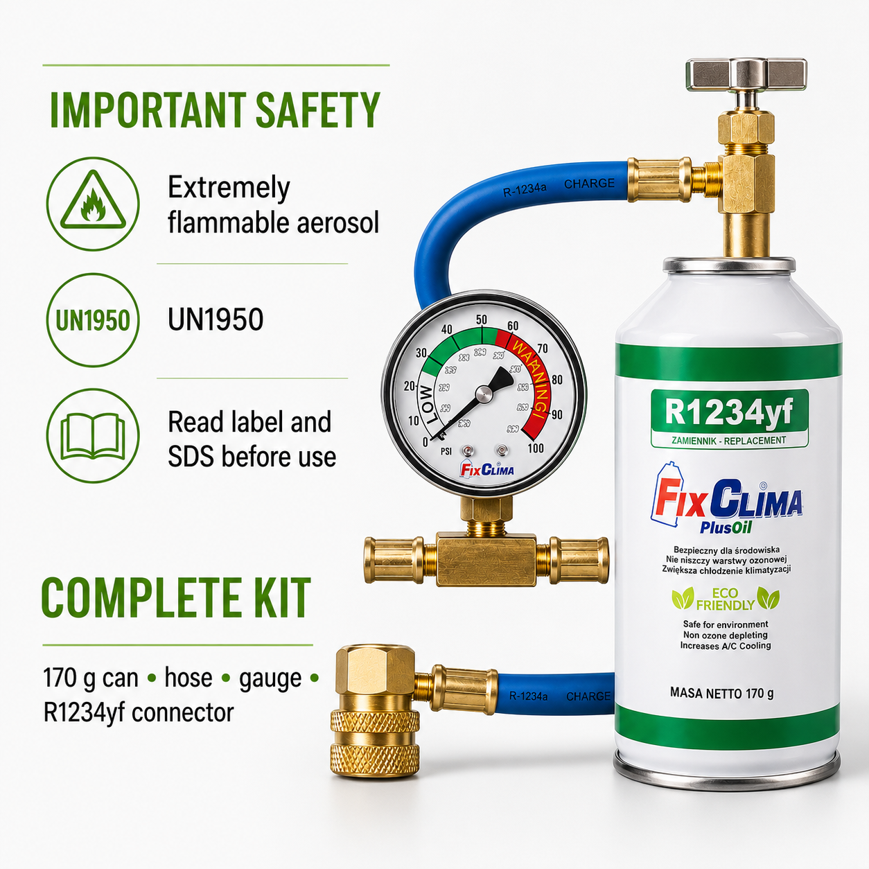 R1234yf Car A/C Recharge Kit – Refrigerant, Hose, Gauge & Adapter