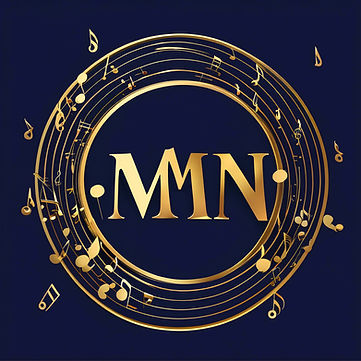 _MMN_ in gold letters with small white musical notes around it on midnight blue background