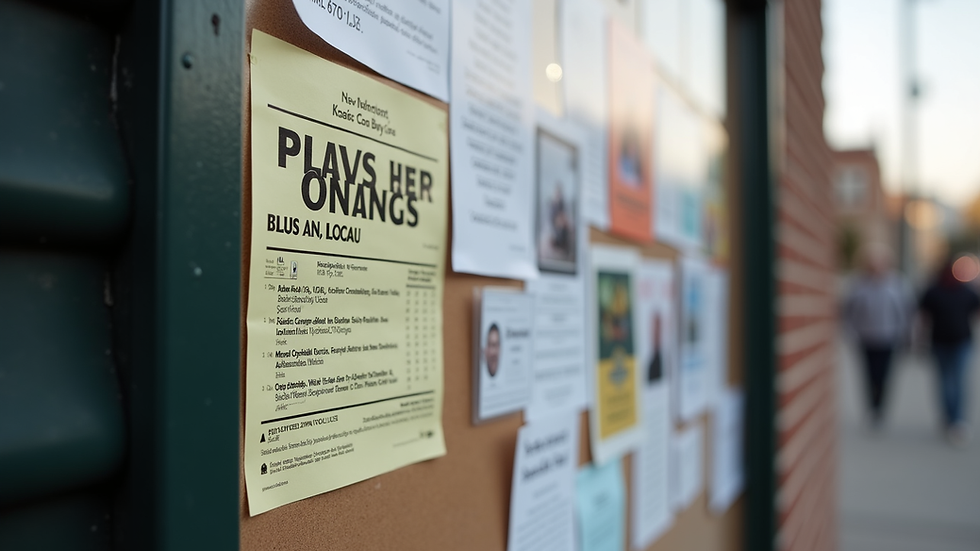 Close-up view of a community bulletin board with flyers for local events and meetups