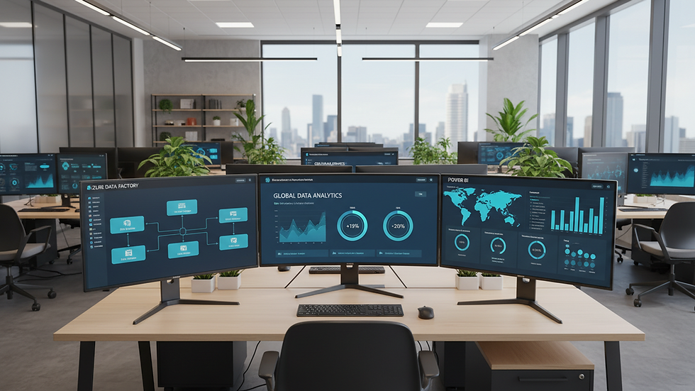 Eye-level view of a modern office workspace with multiple screens showing data analytics