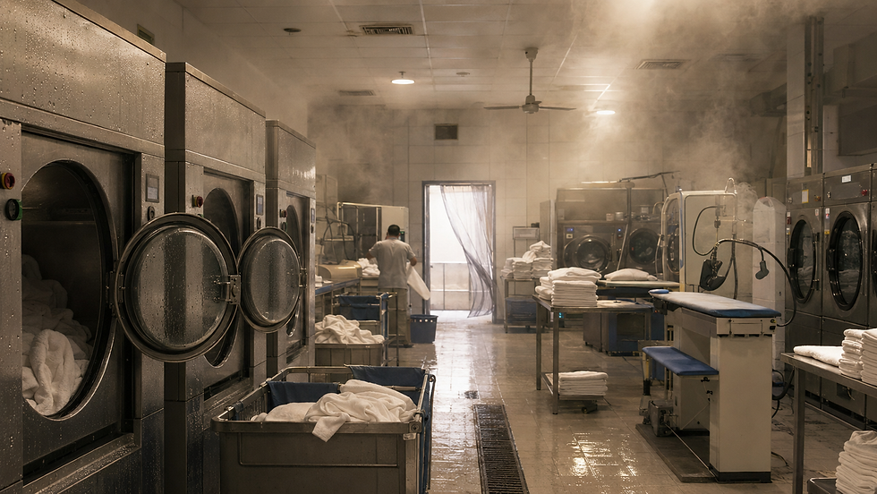 POPULA Commercial Laundry Ventilation Solution — trước khi cải thiện luồng không khí trong phòng giặt khách sạn