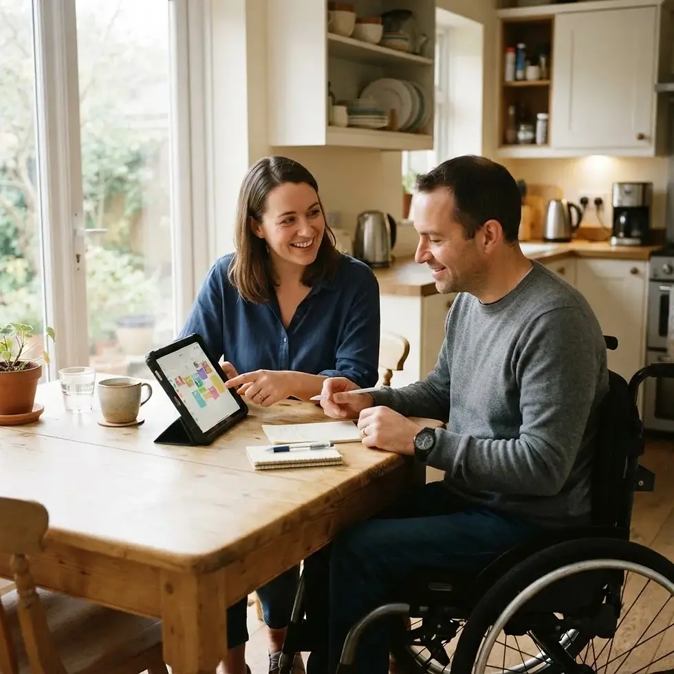 Support worker and an adult planning a weekly schedule on a tablet