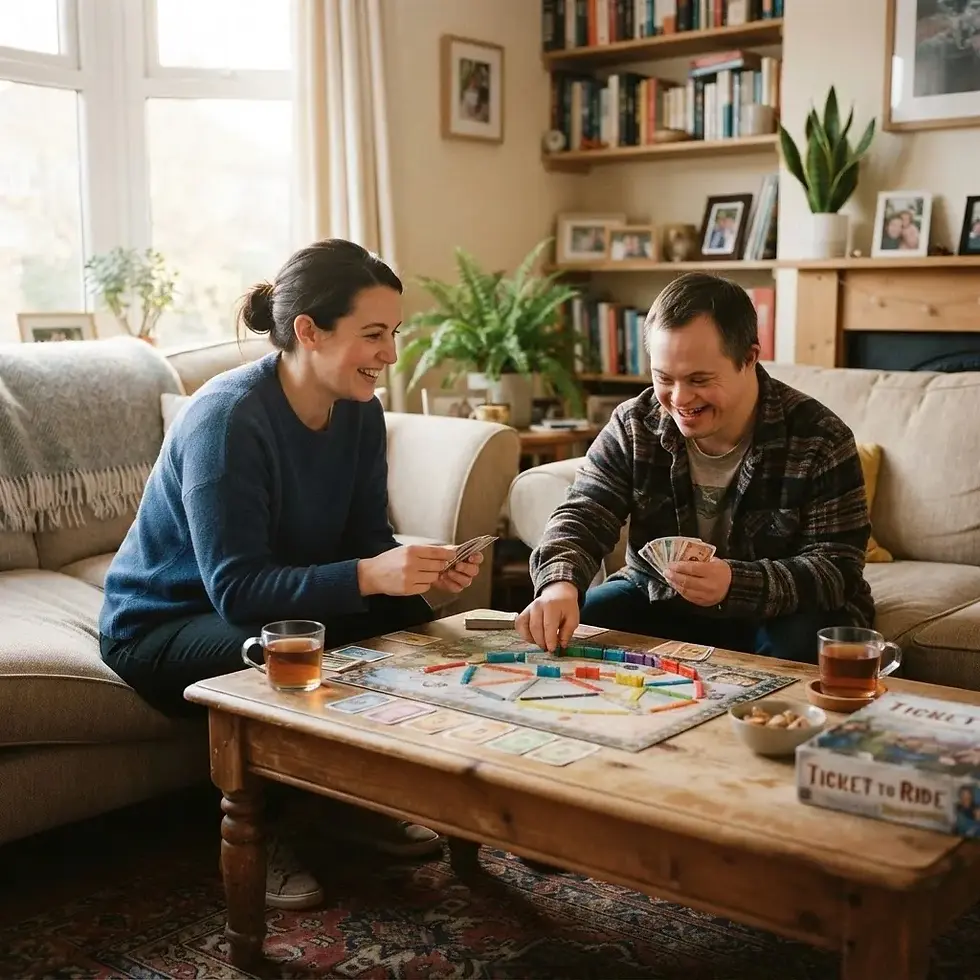 Support worker and adult playing a board game together at home