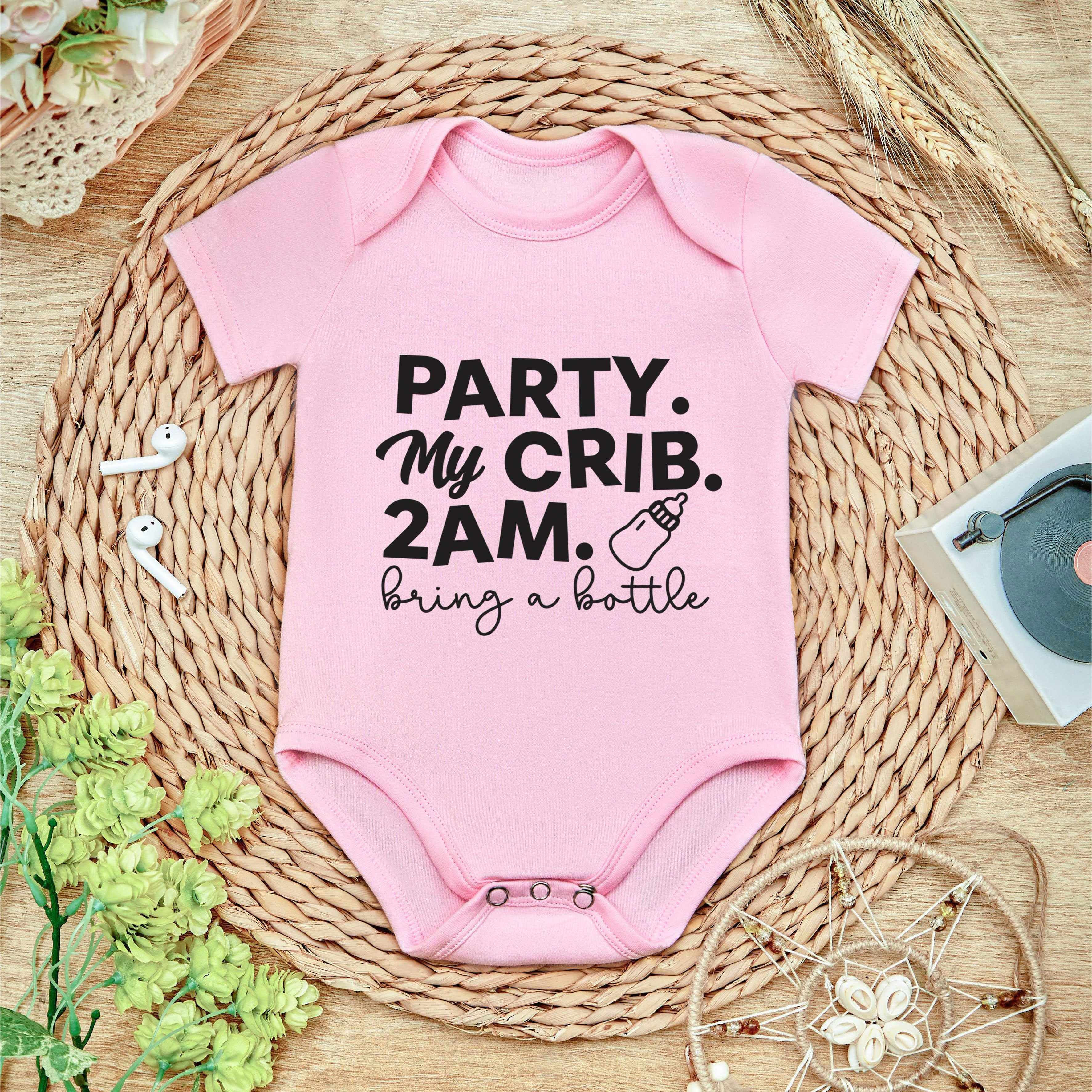 Infant's "Party My Crib 2AM" Print Bodysuit, Casual Short Sleeve Onesie, Baby B