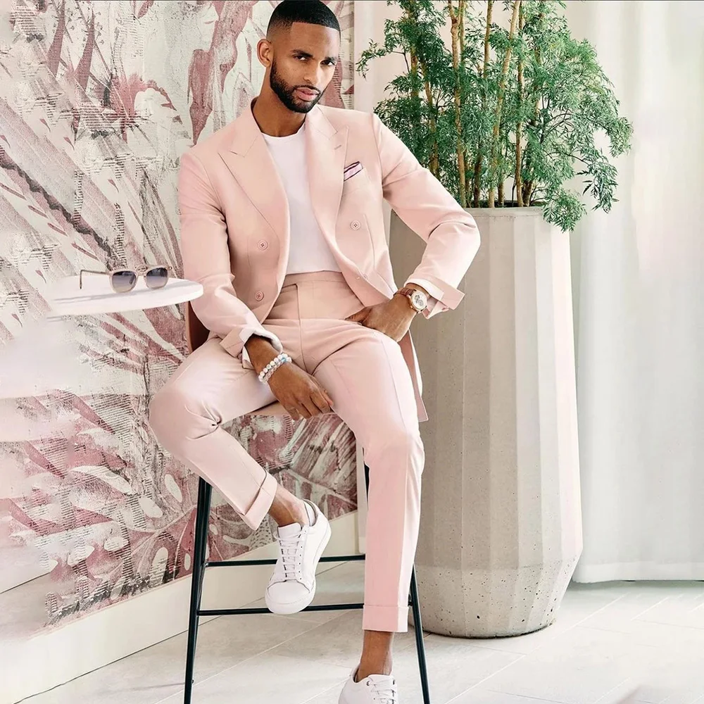 Pink Men Suits 2 Pieces (Jacket+Pants) Fashion Gentleman High Quality Peak Lape