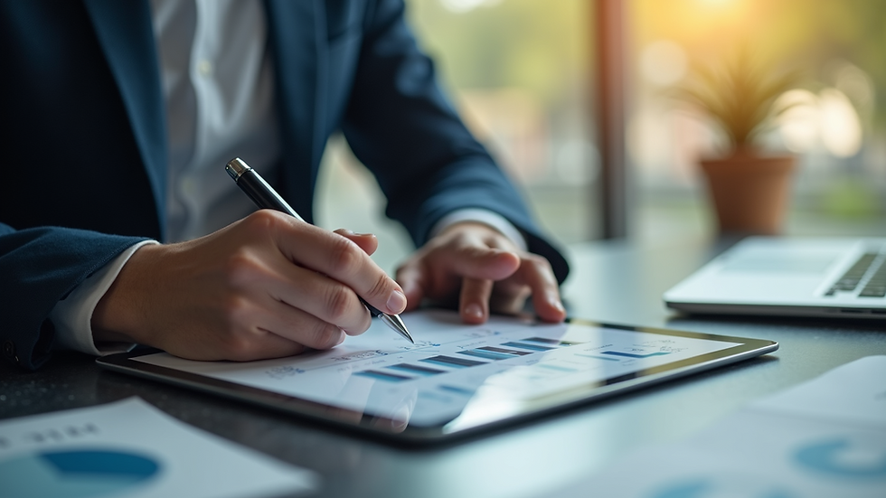 Close-up view of a business owner working on a tablet with AI workflow diagrams