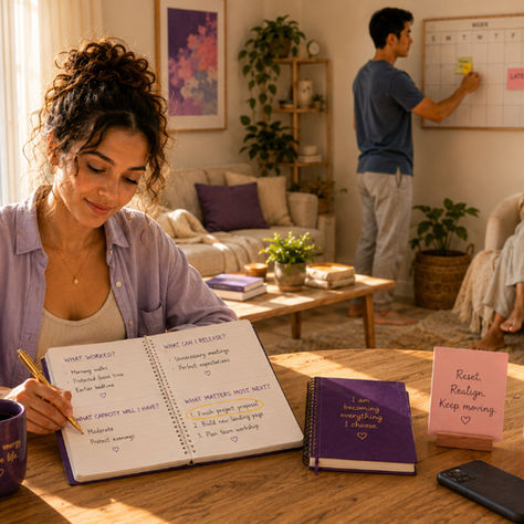 Young adults completing a weekly reset with planners, reflection, capacity checks, intentional priorities, and protected time for positive energy