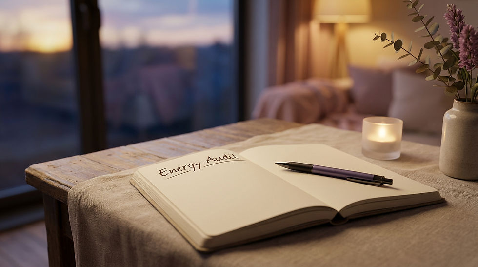 A notebook sitting on a desk with a candle and plant during sundown conveying clarity intention and reset