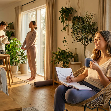 Roommates enjoying intentional morning rituals in a sunlit modern home, including journaling, stretching, watering plants, and planning, representing mindful living, positive energy, and healthy daily habits.