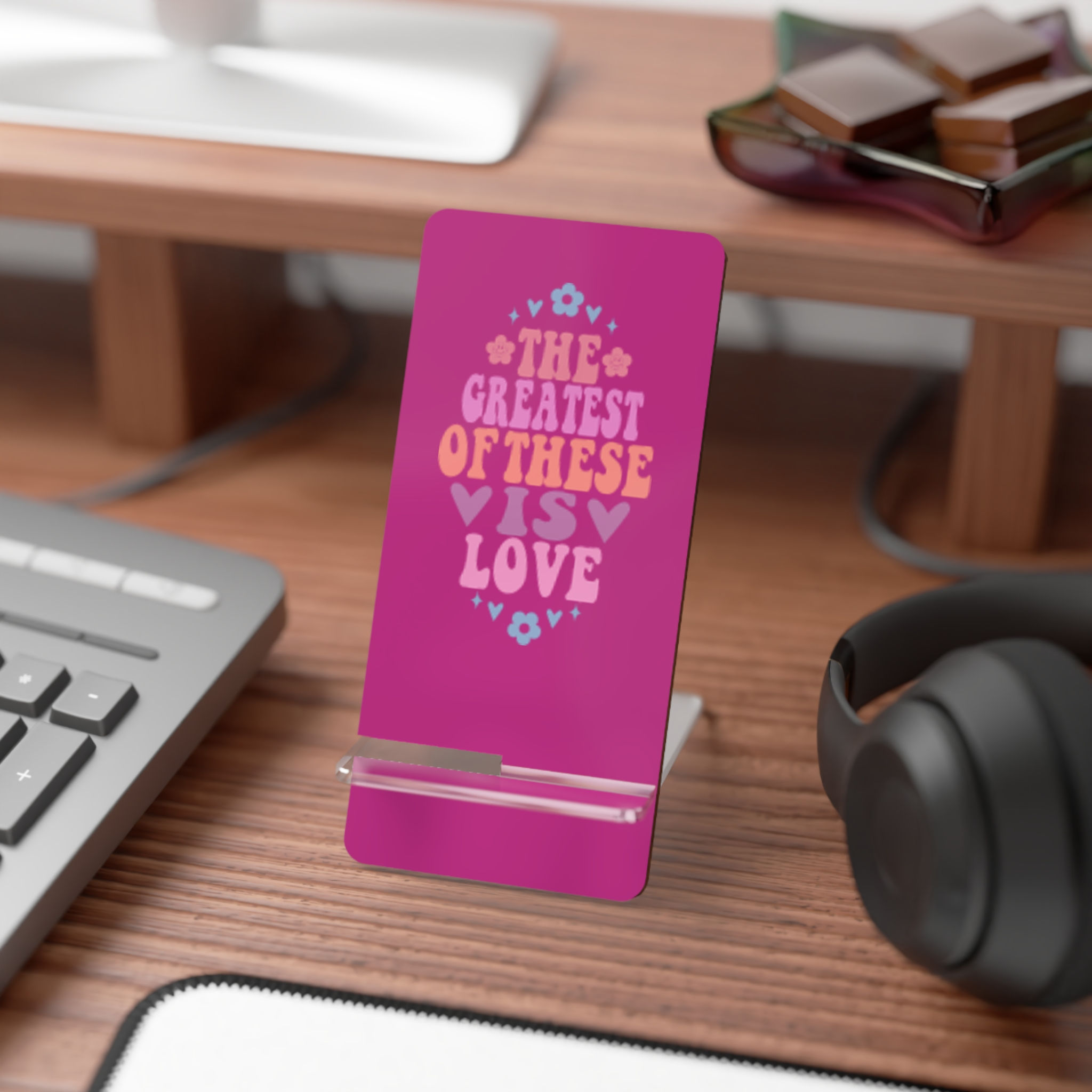 Pink "The Greatest of These is Love" Floral Phone Display Stand - Reminder Vibes