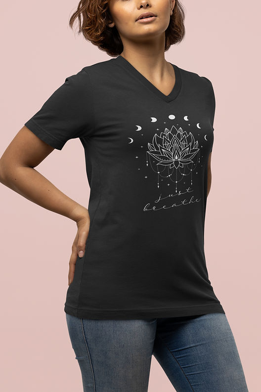 Beautiful young short haired woman wearing stylish inspirational v-neck t-shirt