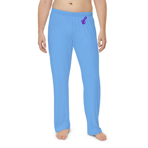 Man wearing stylish positive energy pajama bottoms in light blue