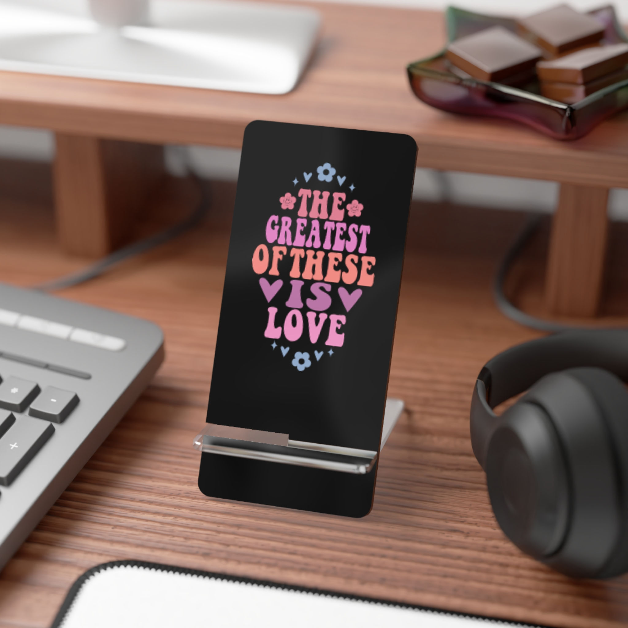 Black "The Greatest of These is Love" Floral Phone Display Stand -Reminder Vibes