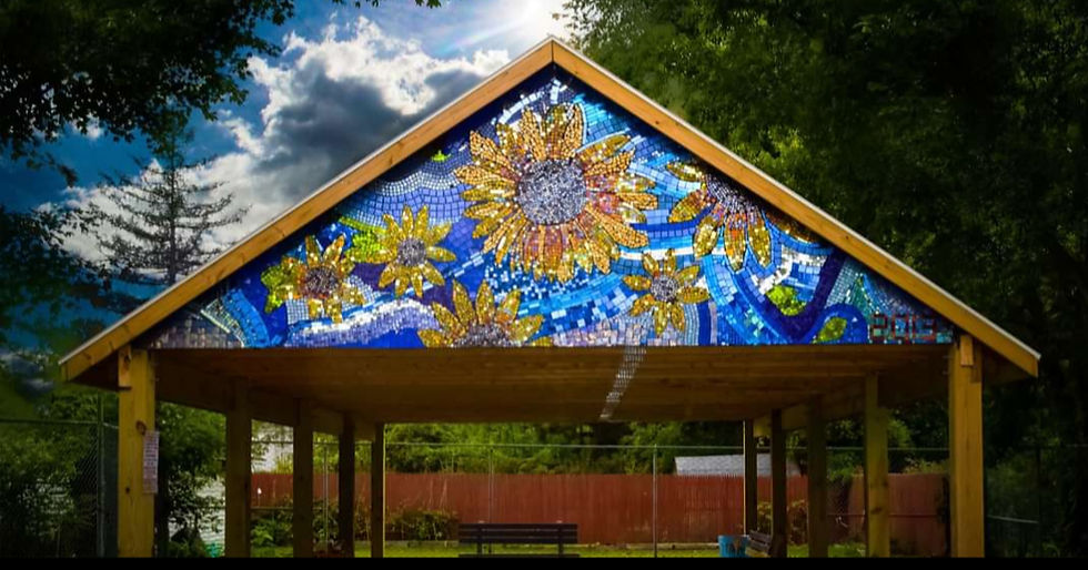 Wide angle view of a vibrant eco-friendly art installation