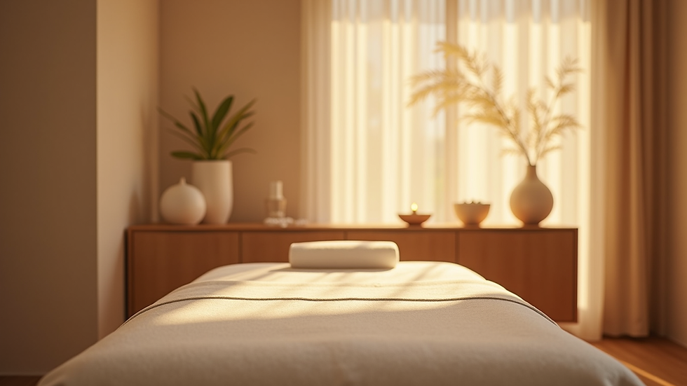 Eye-level view of a serene spa room with massage table and soft lighting