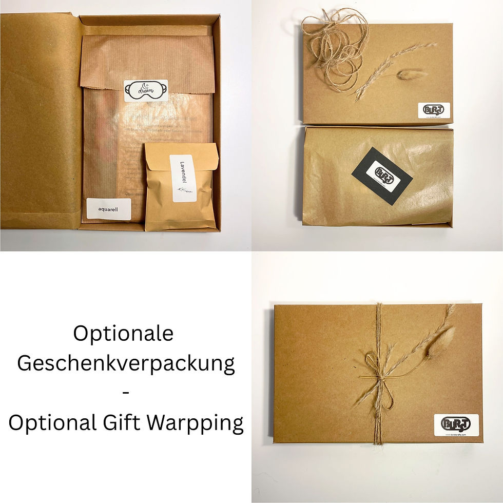 Thumbnail: Übersicht der optionalen Geschenkverpackung für Schlafmasken in nachhaltigen Kartons mit Trockenblumen und Kordel.