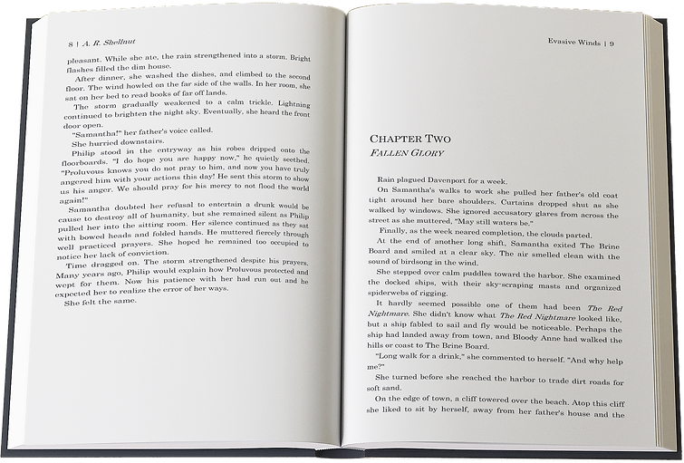 A open hardback book laid flat to show the formatting of an inside spread. The left page is the end of a chapter, and the right page is the start of chapter two of a novel.