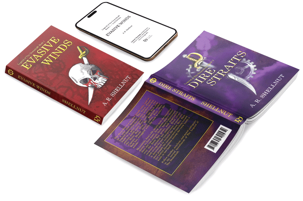 Image of a paperback book laid on it's back, a paperback book laid face down with the pages spread to showcase the cover design, and a smartphone that shows a looping gif ebook pages.